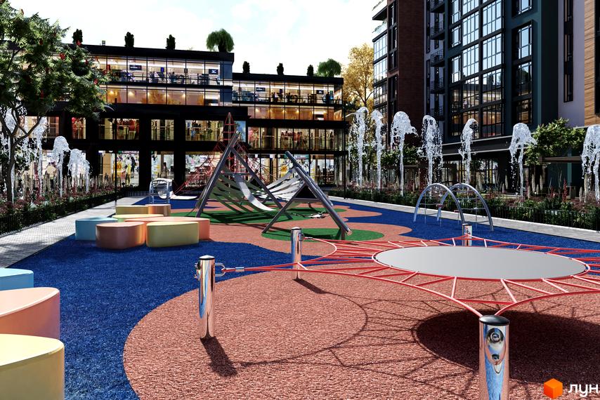 Зображення дитячого майданчика біля Новобудови Derby Style House. На фото видно багатоповерховий будинок та ігрову зону з гірками.