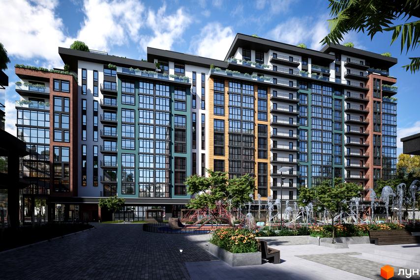 Зображення фасаду та прибудинкової території Новобудови Derby Style House. На фото видно багатоповерховий будинок та дитячий майданчик.