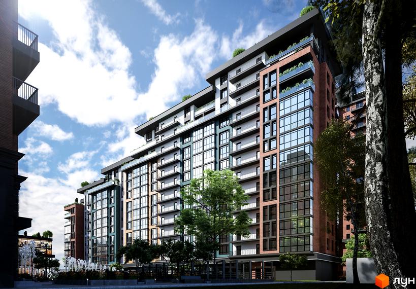 Зображення фасаду житлового комплексу Derby Style House. Багатоповерхова будівля з великими вікнами та балконами, поруч дерева.