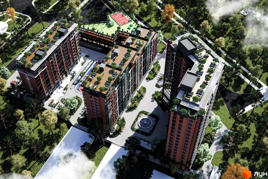 Вигляд зверху на Новобудову Derby Style House з червоної цегли. На даху озеленення та зони відпочинку, навколо дерева та пішохідні доріжки.