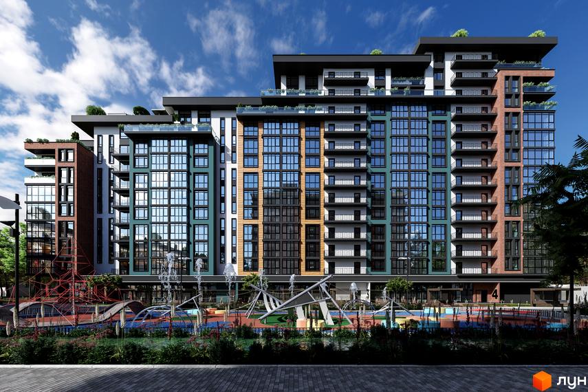 Зображення фасаду та прибудинкової території Будівельного проєкту Derby Style House. Багатоповерховий будинок з дитячим майданчиком та фонтанами.