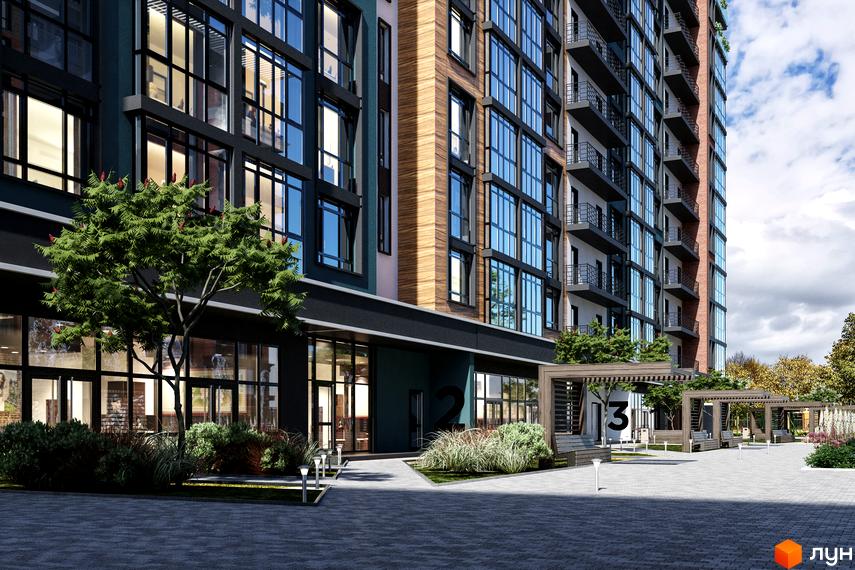 Зображення фасаду та прибудинкової території Житлового комплексу Derby Style House. Вигляд багатоповерхового будинку з великими вікнами та зоною відпочинку.