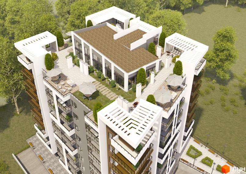 Житловий комплекс Praga: багатоповерховий будинок з білими фасадами, зеленими дахами та терасами. Навколо розташовані доріжки та зони відпочинку.