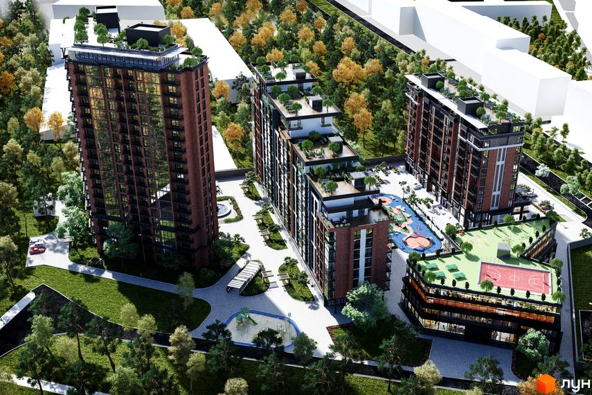 Зображення Житлового комплексу Derby Style House з червоної цегли з озелененими дахами. На території басейн, дитячий та спортивний майданчики.