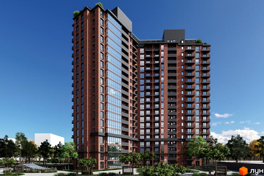 Зображення висотного будинку Житлового комплексу Derby Style House з червоної цегли. Навколо будинку зелені насадження та облаштована територія.