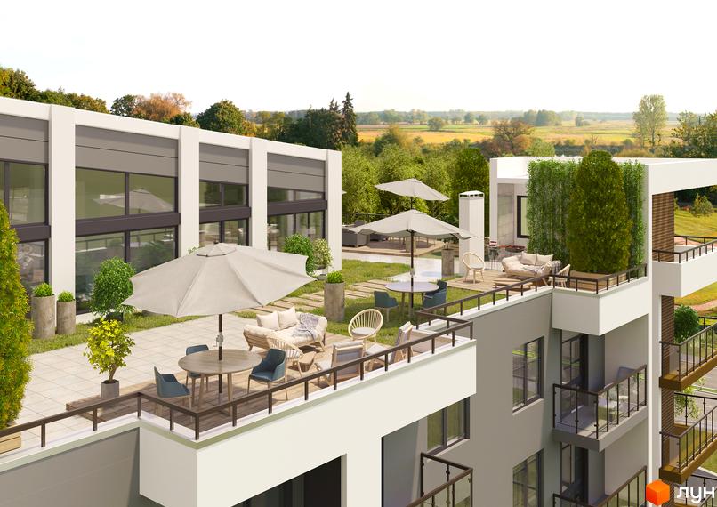 Житловий комплекс Praga: світлий фасад, великі вікна, багаторівневі тераси. На терасах облаштовані зони відпочинку з меблями, парасольками та озелененням.