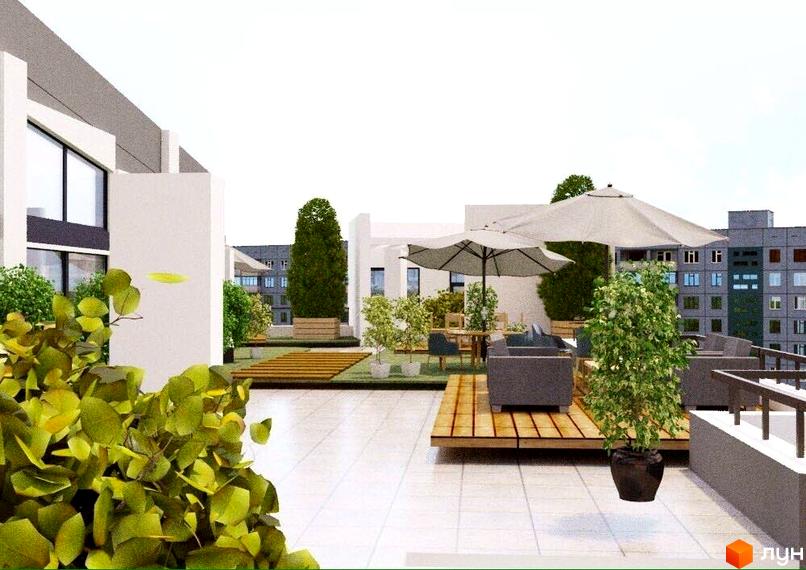 Житловий комплекс Praga: білі фасади з великими вікнами. Тераса на даху з зонами відпочинку, парасольками та зеленими насадженнями.