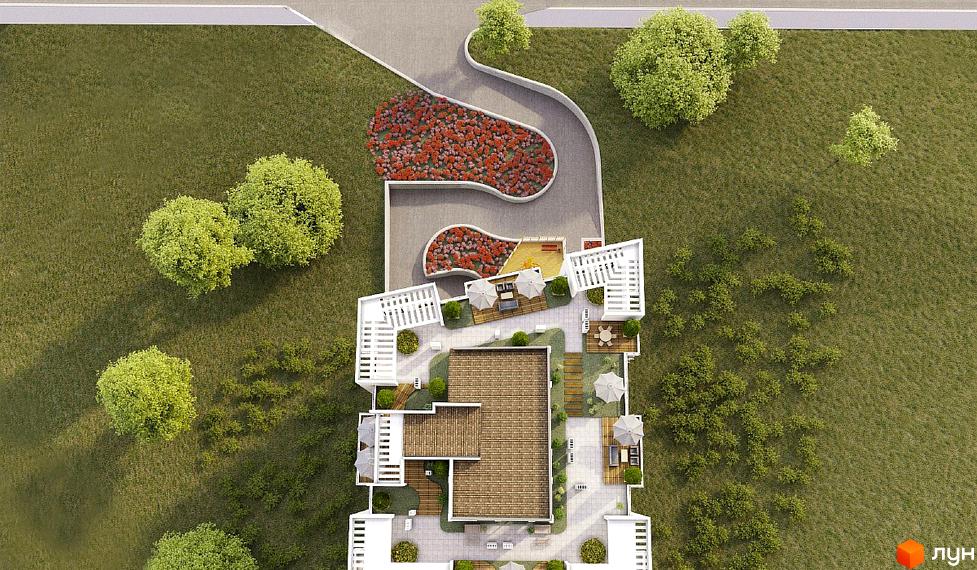 Вигляд зверху на Житловий комплекс Praga з коричневим дахом та прибудинковою територією з деревами. Подвір'я з ландшафтним дизайном та місцями для відпочинку.