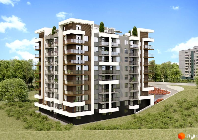 Багатоповерховий будинок Житлового комплексу Praga з сіро-коричневим фасадом, білими елементами та балконами. Навколо будівлі зелені пагорби з кущами та деревами.