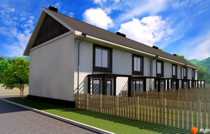 Зовнішній вигляд новобудови на вул. Грушевського, 30, 32 з дерев'яним парканом та зеленим газоном. Будинок має білий фасад, темні віконні рами та дах.