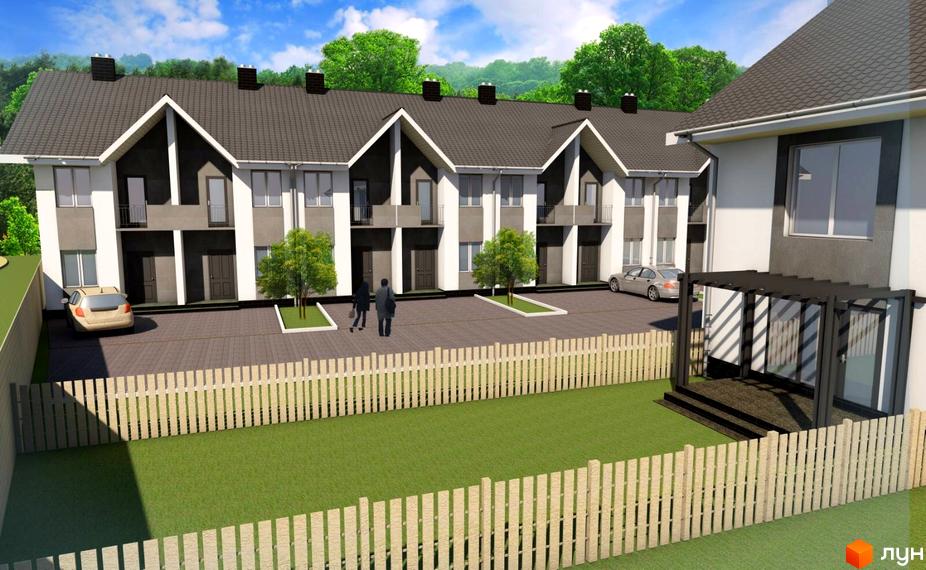 Зовнішній вигляд новобудови на вул. Грушевського, 30, 32 з парканом та зеленим газоном. Опис комплексу з паркуванням та деревами.