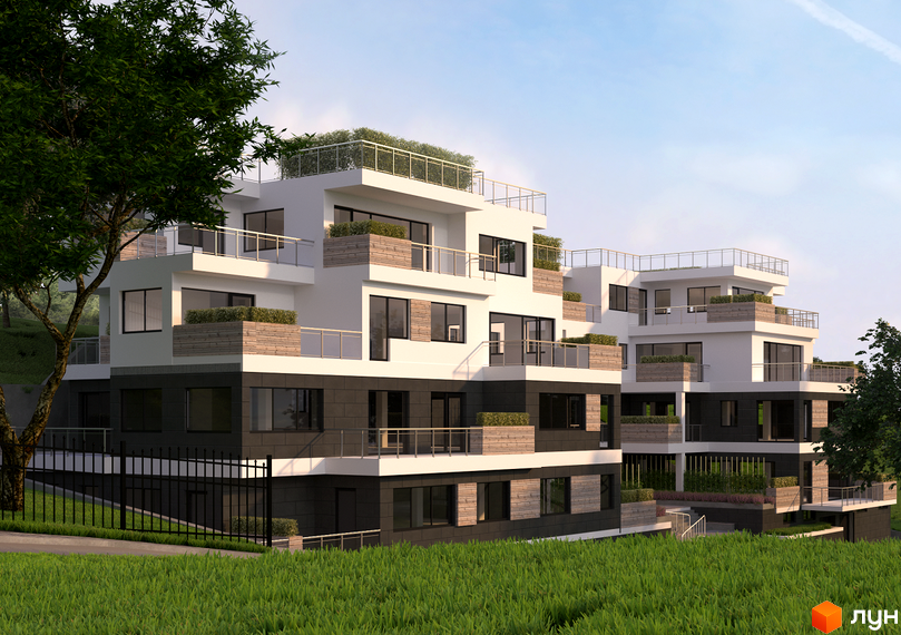Зображення Житлового комплексу HillSide. Багатоповерховий будинок з терасами, огороджений парканом, з газоном перед ним.