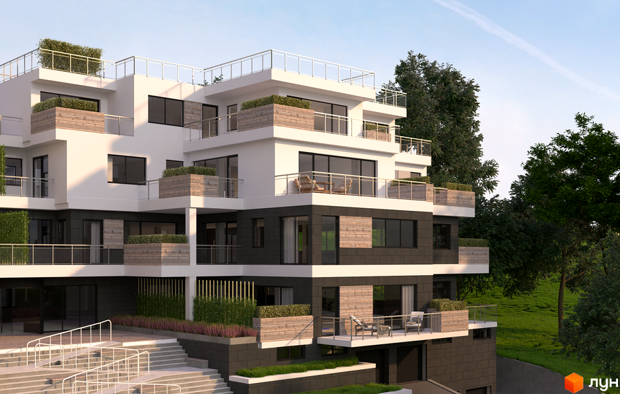 Клубний будинок HillSide. Будинок білого та темно-сірого кольору з балконами, дерев'яними ящиками для рослин, сходами та зеленою територією.