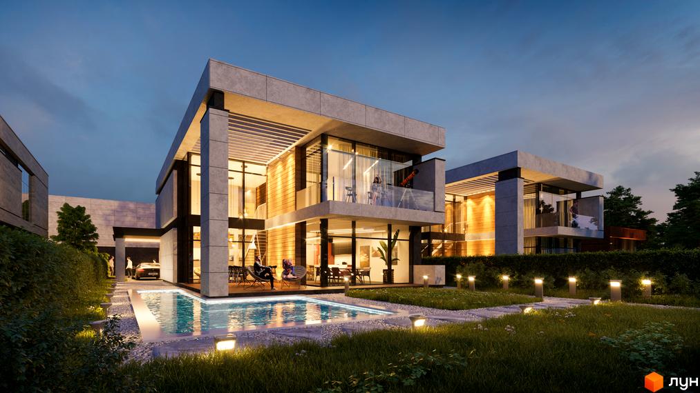 Сучасний котеджне містечко KyivSea з басейном та доглянутою прибудинковою територією. Фасад будинку оздоблений натуральними матеріалами, великі панорамні вікна.
