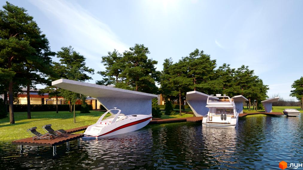 Котеджне містечко KyivSea з сучасними будинками та пристанню для яхт на березі водойми. На території розташовані зелені насадження та зони відпочинку.