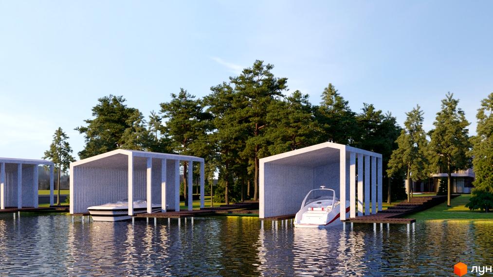 Котеджне містечко KyivSea з човнами на причалі на тлі соснового лісу. Сучасні будиночки з навісами для водного транспорту.