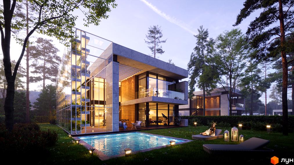 Котеджне містечко KyivSea з басейном та зоною відпочинку. Сучасна архітектура будинку з великими вікнами та терасою.