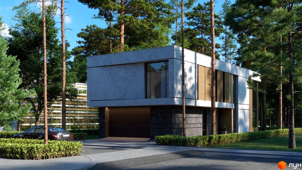 Котеджне містечко KyivSea: двоповерховий будинок з гаражем та великими вікнами, оточений соснами та доглянутим ландшафтом.