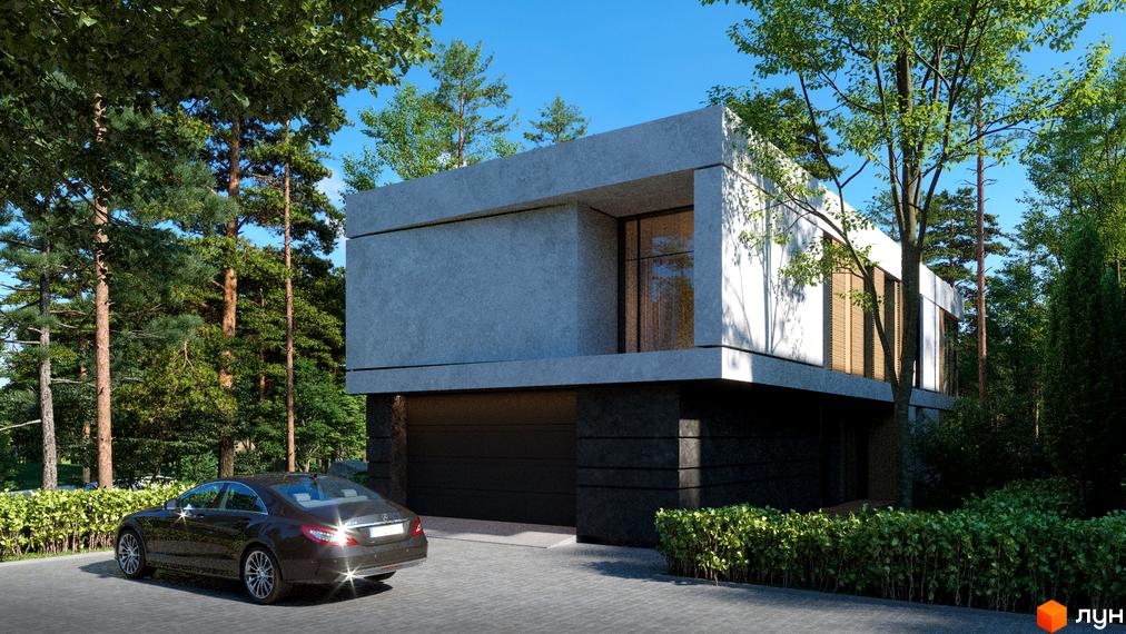 Котеджне містечко KyivSea: двоповерховий будинок з сірим фасадом та темною основою, розташований серед високих дерев. Прибудинкова територія з доглянутими кущами та дорогою з бруківки.