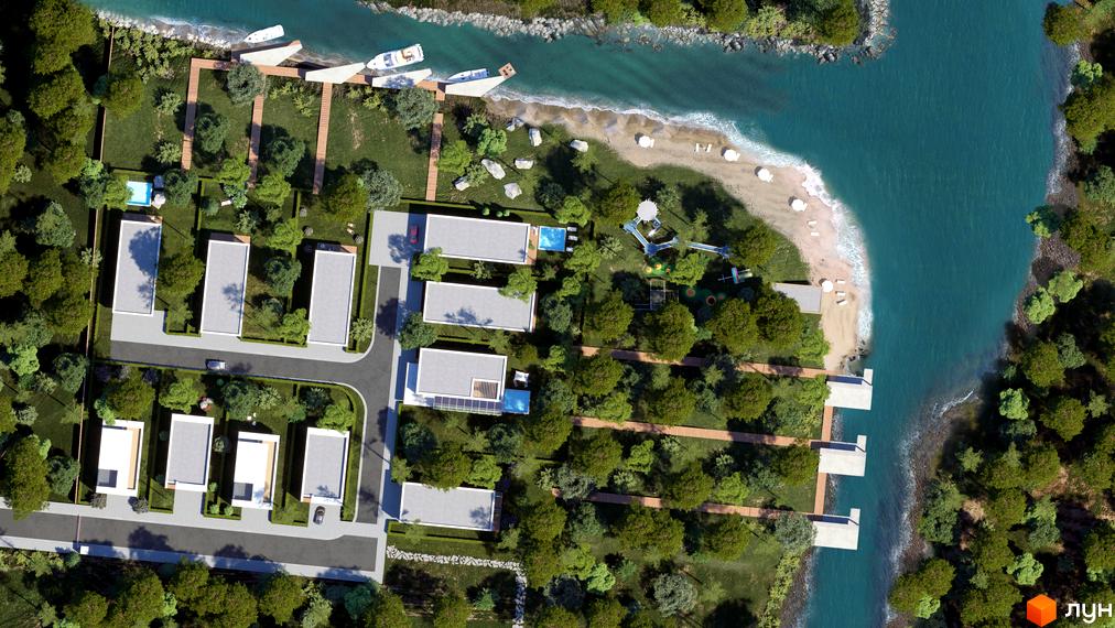 Котеджне містечко KyivSea з сучасними будинками та приватними басейнами, розташоване біля мальовничої водойми з пляжем та пристанню для яхт.