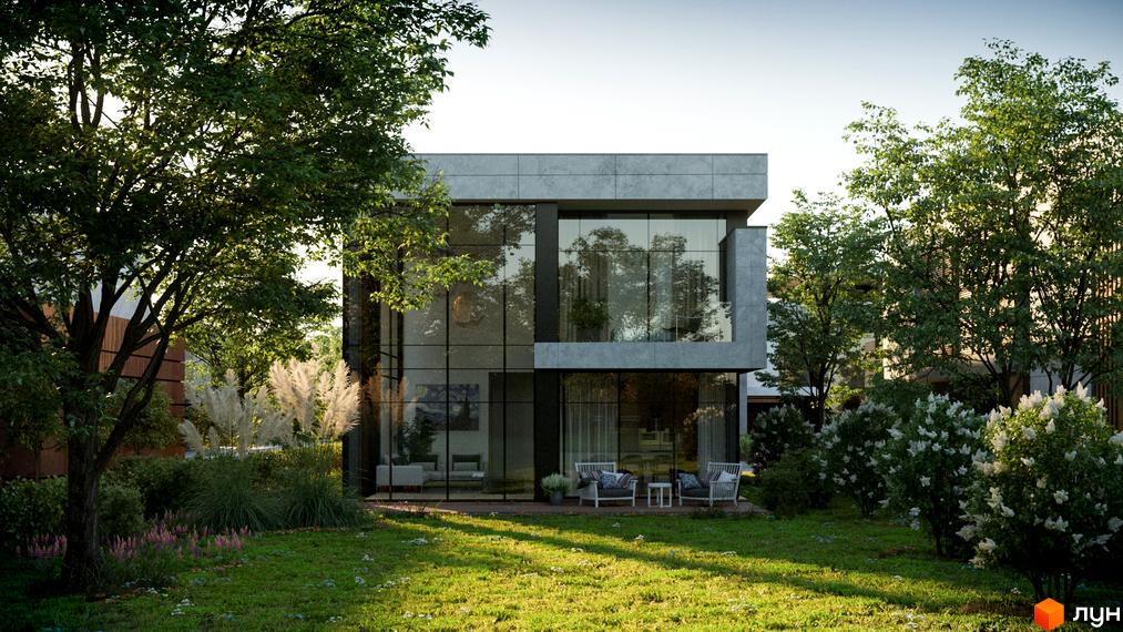 Котеджне містечко KyivSea: двоповерховий будинок з панорамними вікнами та терасою, оточений зеленню та квітучими кущами.