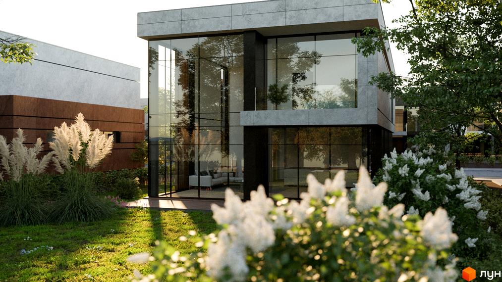 Сучасний двоповерховий будинок з великими вікнами та сірою облицовкою, оточений зеленню та квітами. Територія комплексу доглянута, з газоном та деревами.