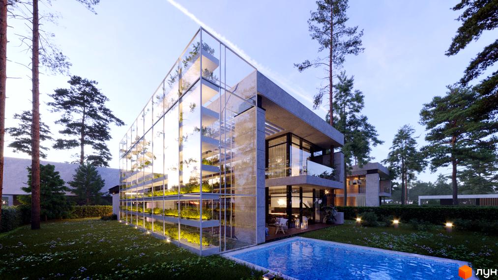 Котеджне містечко KyivSea з панорамним склінням та басейном. Навколо будинку зелена галявина з деревами та освітленням.