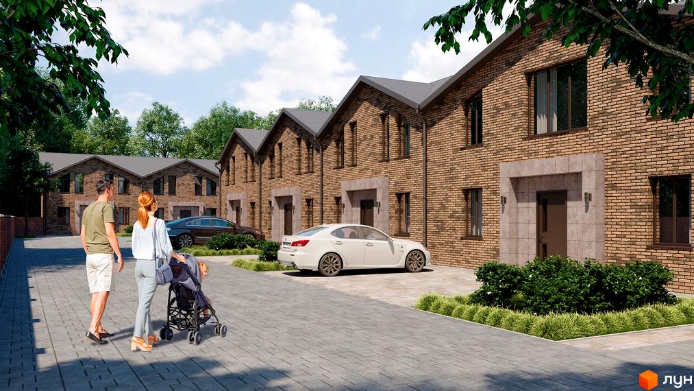 Таунхауси Viva Village Town з цегляним фасадом та прибудинковою територією з бруківки та зеленими насадженнями. На зображенні сім'я з дитиною на прогулянці.