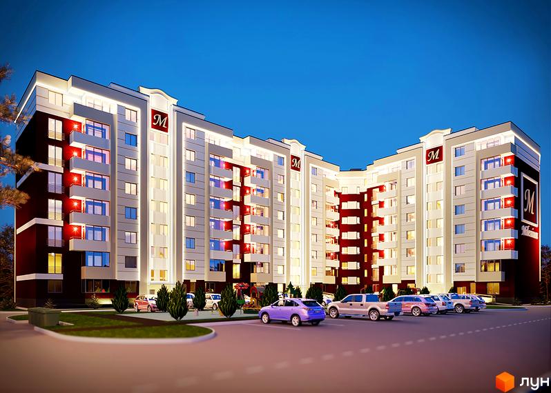 Житловий комплекс Міленіум – це багатоповерхова будівля з червоними та білими фасадами, балконами та логотипом 