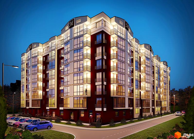 Зовнішній вигляд новобудови ЖК Міленіум з численними вікнами та балконами, освітленими ввечері. На прибудинковій території розташовані автомобілі та зелені насадження.