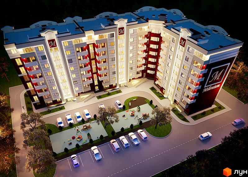 Зовнішній вигляд новобудови Міленіум з червоними елементами та дитячим майданчиком поруч. Парковка з автомобілями перед комплексом.