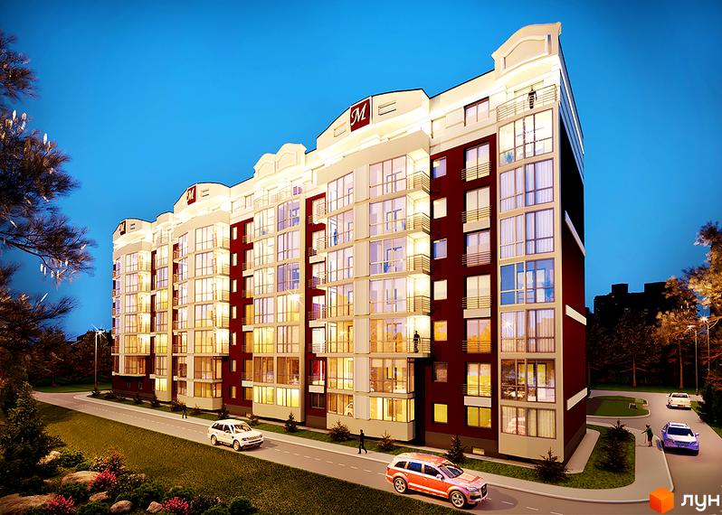 Житловий комплекс Міленіум з червоними та білими фасадами, великими вікнами та балконами. Прибудинкова територія з дорогою, автомобілями та зеленими насадженнями.