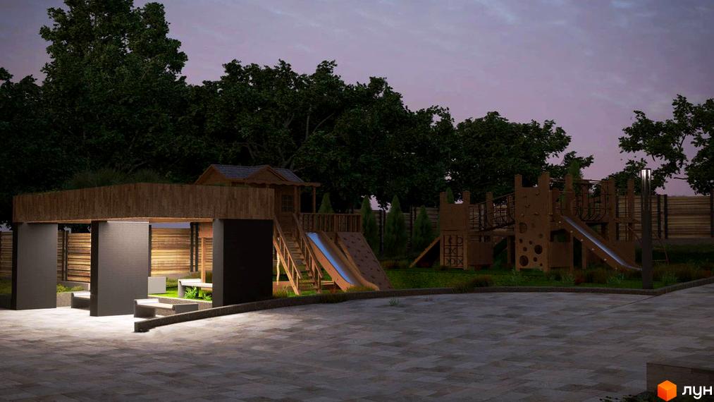 Дитячий майданчик у житловому комплексі ECOtown з дерев'яними конструкціями та гірками. Територія навколо майданчика облаштована зонами відпочинку та освітленням.