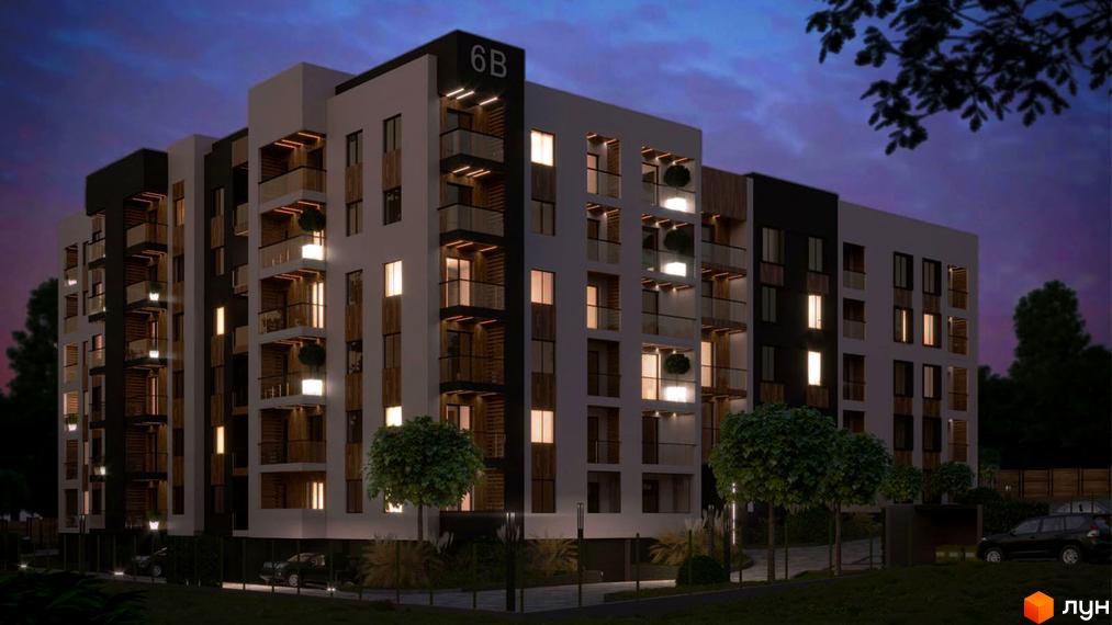 Житловий комплекс ECOtown з фасадом з білих та чорних панелей, скляними балконами та дерев'яними елементами. Прибудинкова територія з деревами та освітленням.