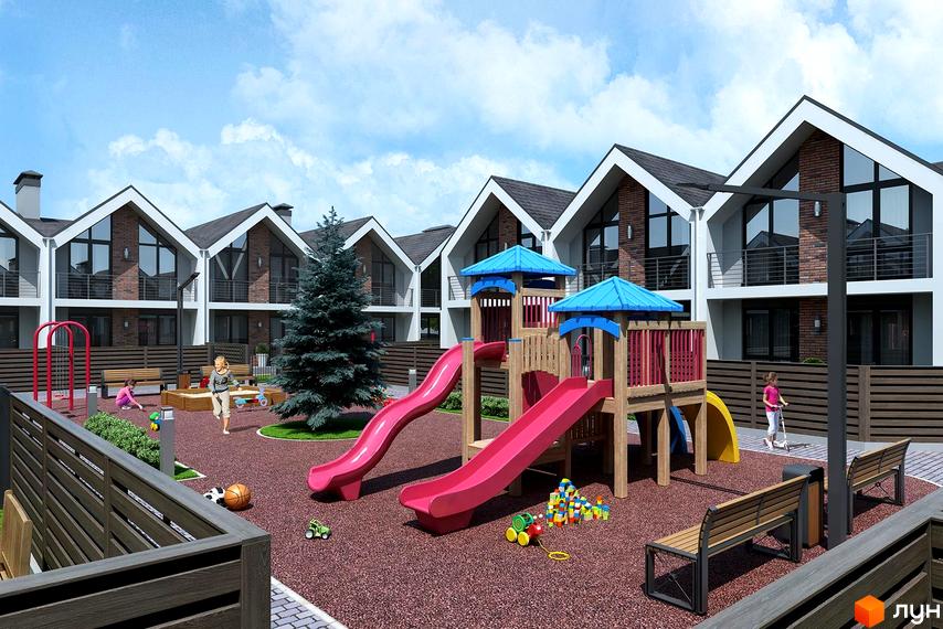 Таунхауси Scandi House з великими вікнами та двосхилими дахами. На прибудинковій території дитячий майданчик з гірками та пісочницею.