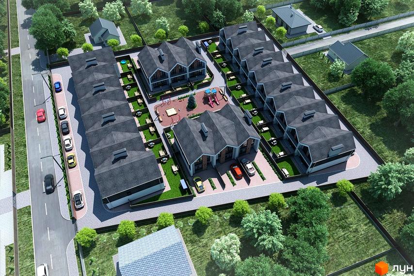 Комплекс таунхаусів Scandi House з сірими дахами та цегляними фасадами, розташований на зеленій території з дитячим майданчиком та парковкою.