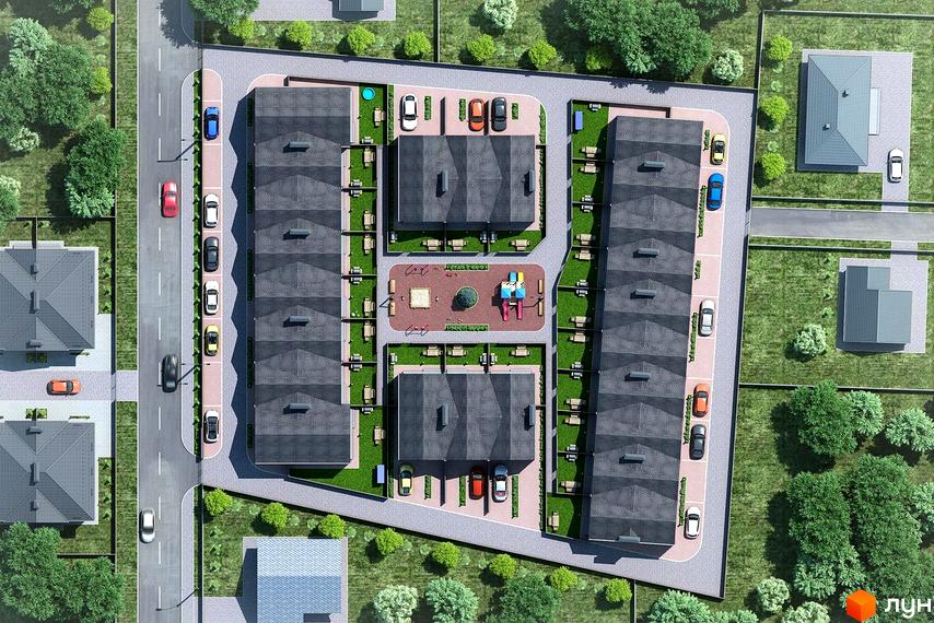 Вид зверху на таунхауси Scandi House з сірими дахами, що розташовані навколо внутрішнього двору з дитячим майданчиком та зонами відпочинку.
