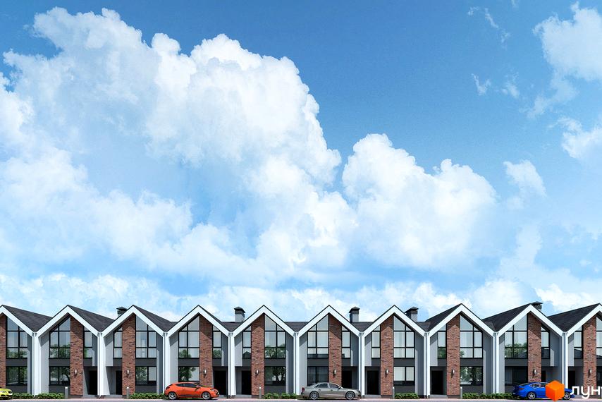 Таунхауси Scandi House з цегляними фасадами та великими вікнами на тлі блакитного неба з хмарами. Перед будинками розташовані автомобілі та зелені насадження.