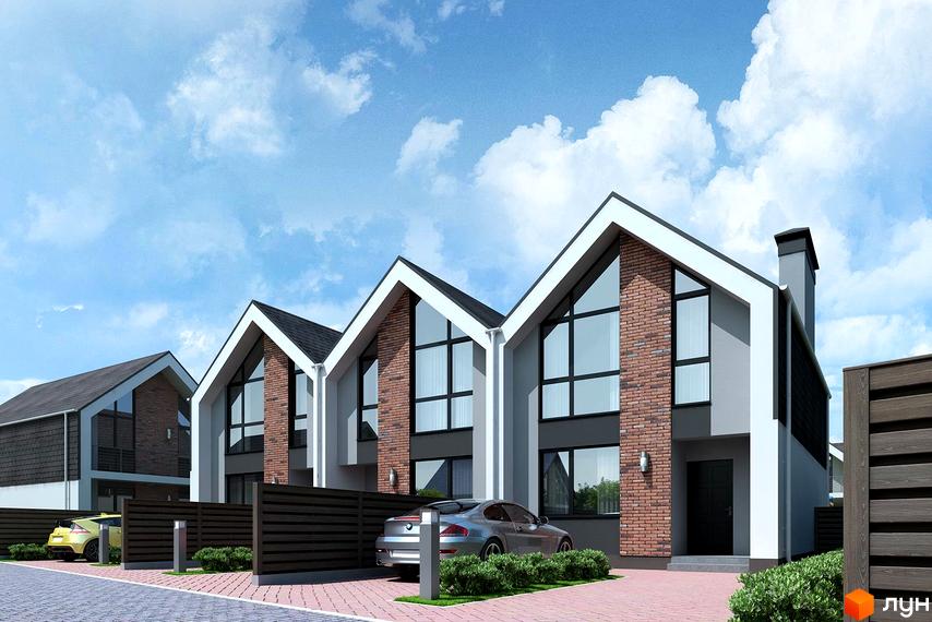 Таунхауси Scandi House з великими вікнами та цегляними вставками, розташовані на бруківці з доглянутими кущами та паркуванням.