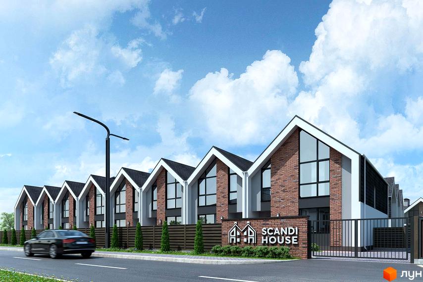 Зовнішній вигляд таунхаусів Scandi House з цегляним фасадом, великими вікнами та двосхилими дахами. Перед будинками - доглянута прибудинкова територія з парканом та вуличним освітленням.
