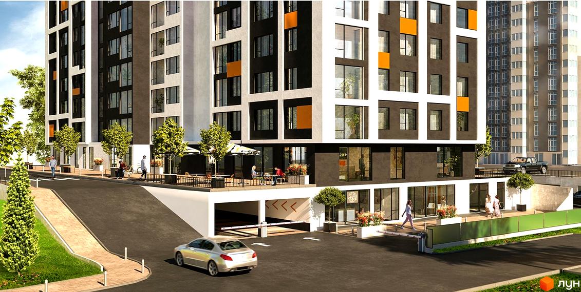 Житловий комплекс Forward з біло-чорним фасадом та помаранчевими вставками. Навколо будинку дорога, зелені насадження, пішохідна зона та паркінг.