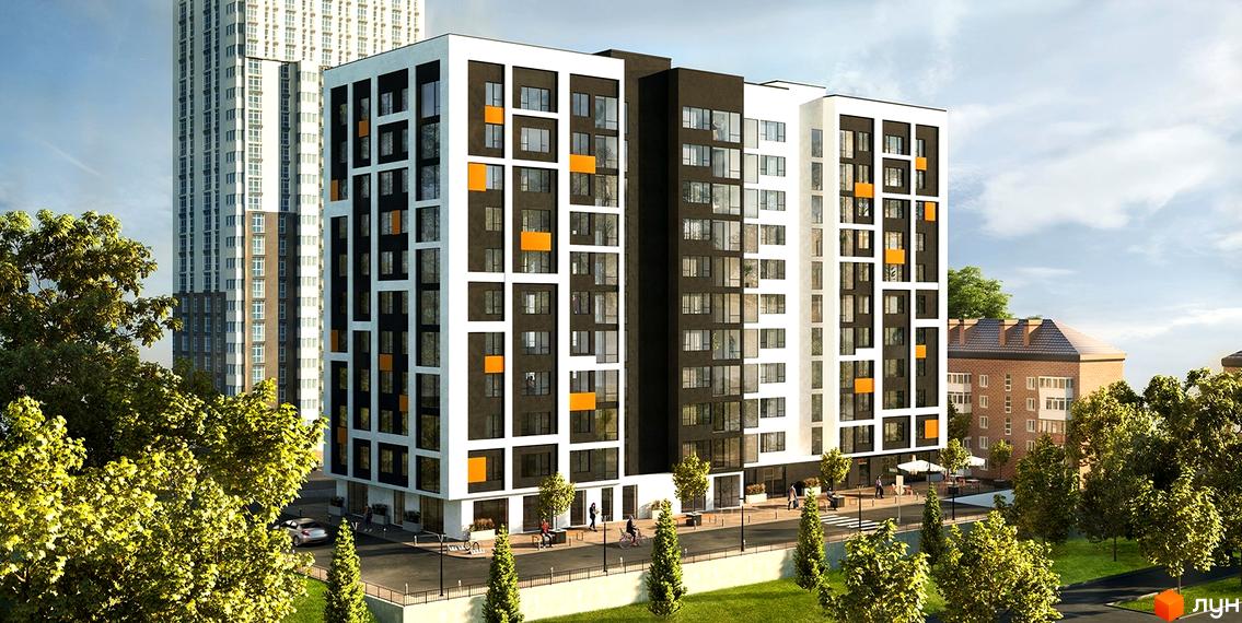 Житловий комплекс Forward з чорно-білим фасадом та помаранчевими вставками. Навколо комплексу багато зелених дерев та облаштована прибудинкова територія.