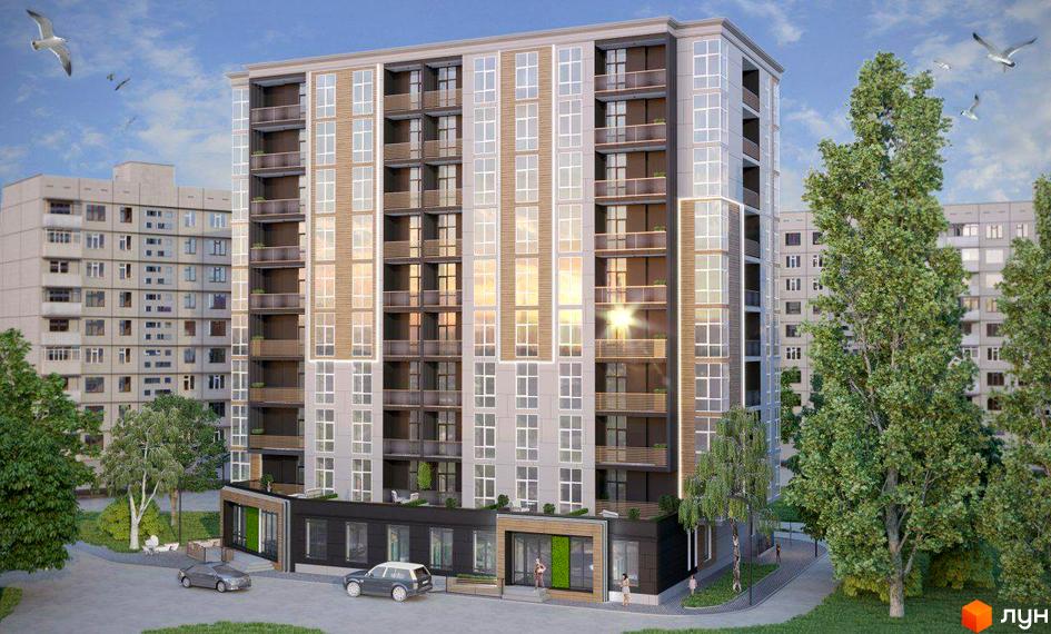 Зовнішній вигляд новобудови ЖК Лотос Холл з великою кількістю вікон та балконів, прибудинкова територія з деревами та автомобілями.