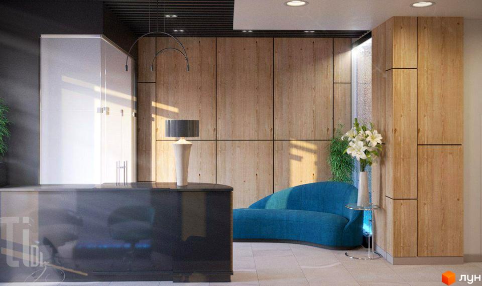 Інтер'єр квартири в ЖК Лотос Холл з синім диваном та дерев'яними панелями. Сучасний дизайн житлового комплексу.