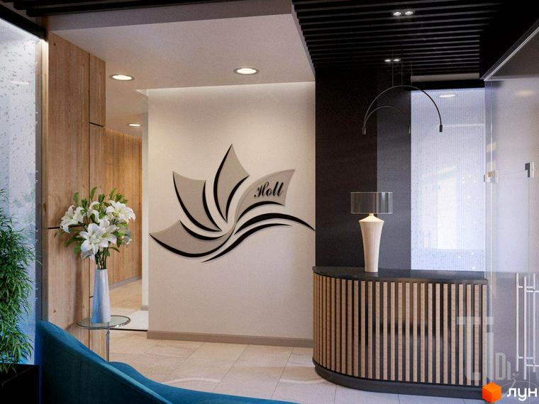 Лотос Холл - житловий комплекс з елегантним дизайном. Сучасний хол з логотипом та зоною очікування.