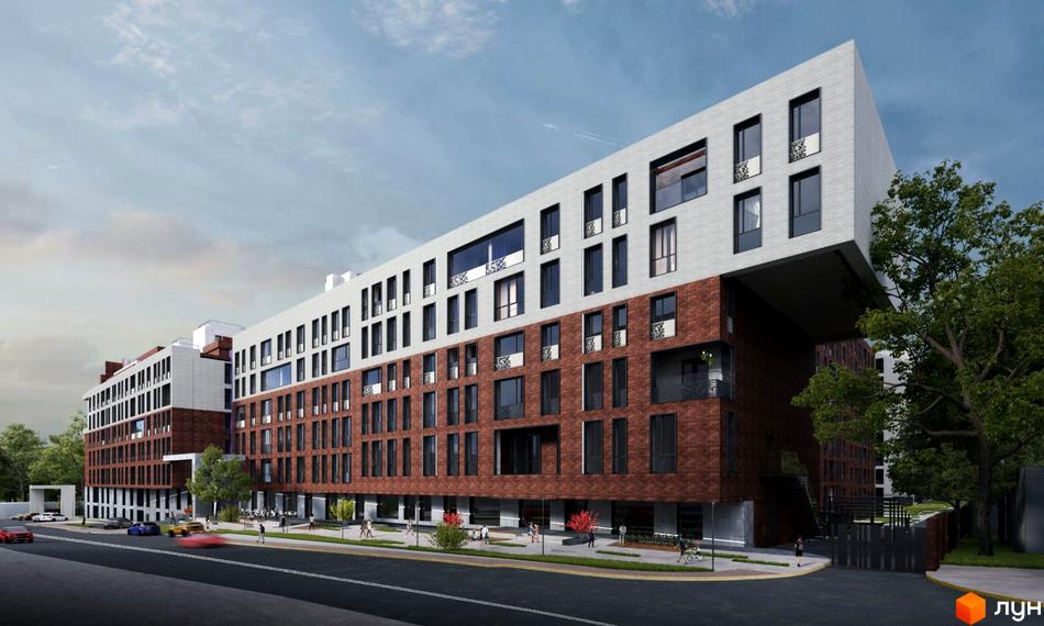 Зовнішній вигляд житлового комплексу Compass з цегляним та білим фасадом, великою кількістю вікон та балконів. Навколо будівлі розташовані дерева та дорога з автомобілями.