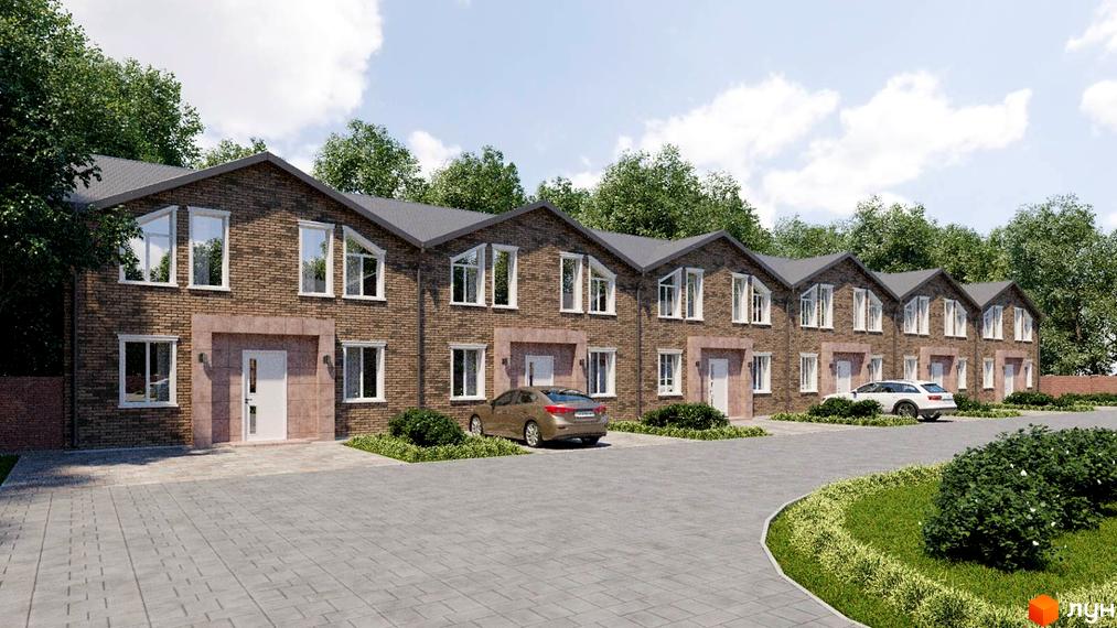 Зовнішній вигляд таунхаусів Viva Village Town з цегляним фасадом та великими вікнами, перед якими розташовані автомобілі та доглянута прибудинкова територія.