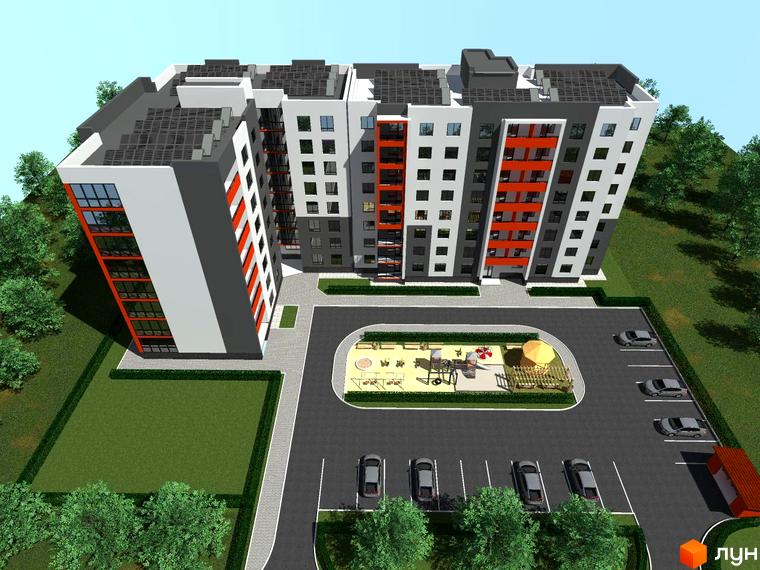 Житловий комплекс Комфорт Лайф - багатоповерховий будинок з панорамними вікнами та сонячними панелями на даху, поруч дитячий майданчик та парковка.