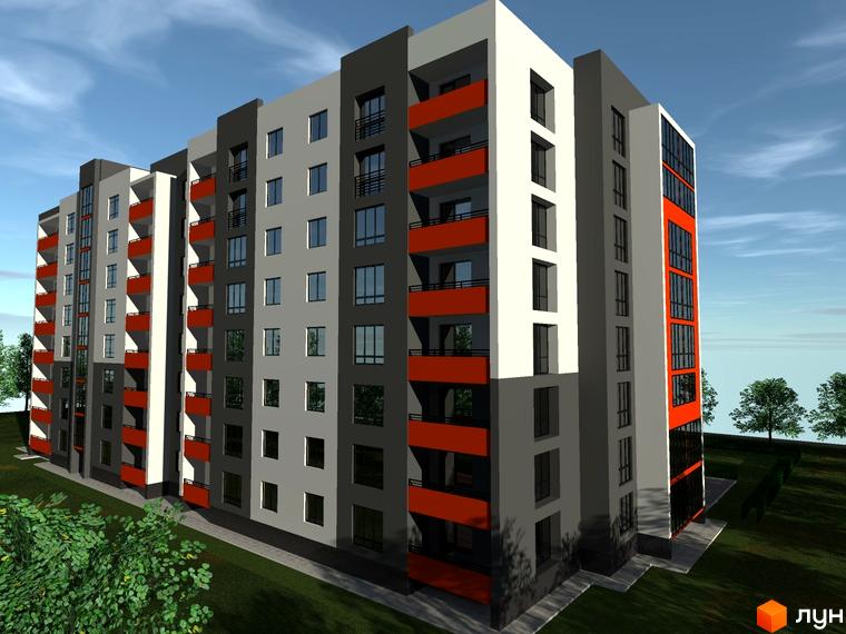 Зовнішній вигляд житлового комплексу Комфорт Лайф з сірими та білими фасадами, оранжевими балконами та великими вікнами. Навколо новобудови зелена прибудинкова територія з деревами.