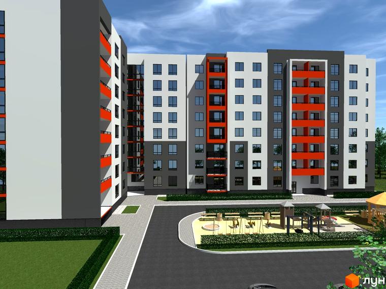 Зовнішній вигляд житлового комплексу Комфорт Лайф з сірими та білими фасадами, помаранчевими балконами та дитячим майданчиком.